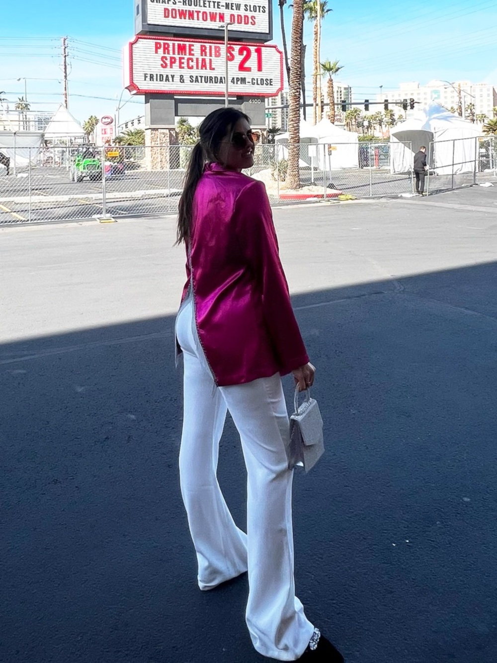 Fuchsia Satin Blazer with beaded Trim & matching pants